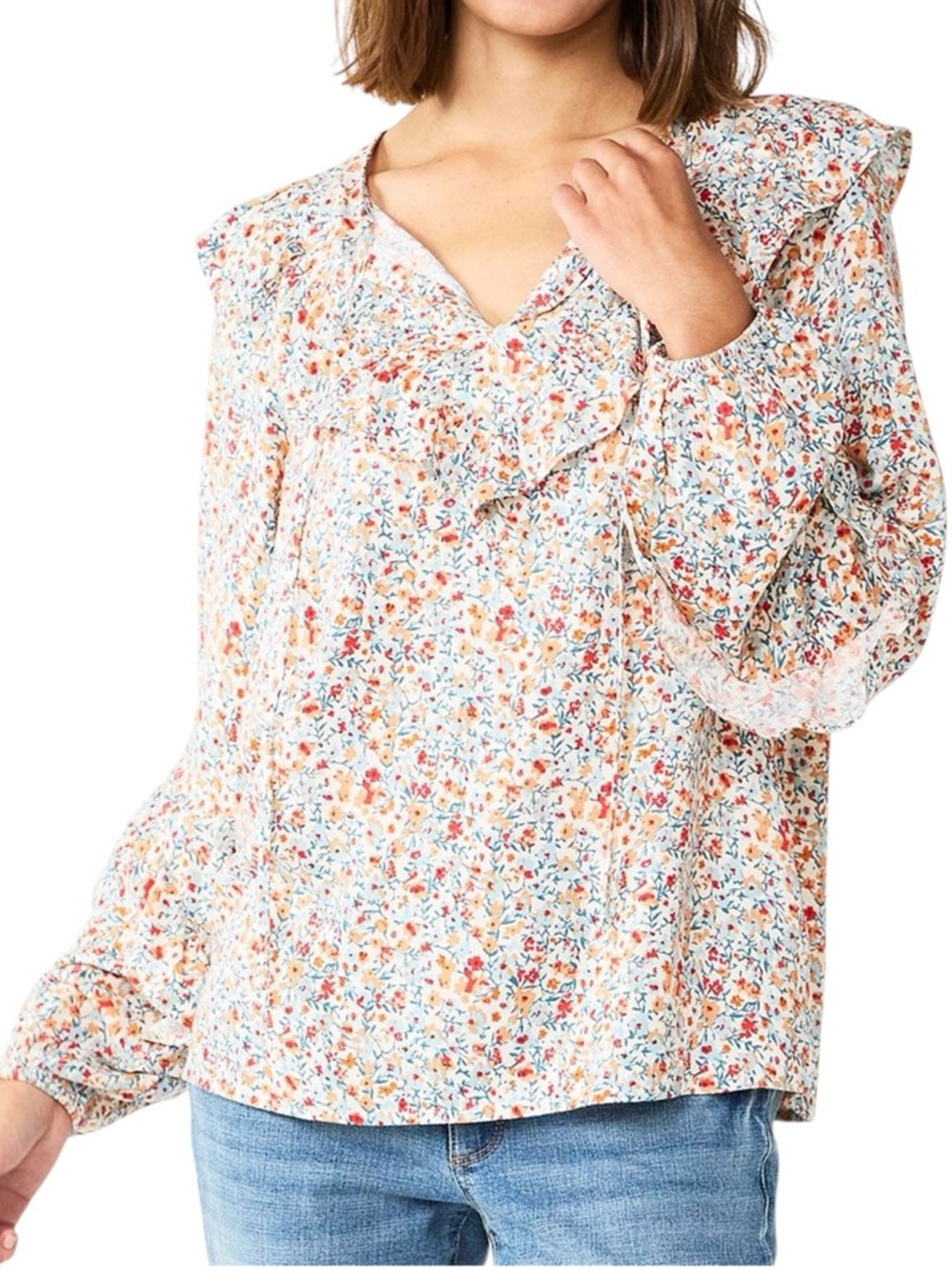 Sonoma Floral Ruffle Long Sleeve Woven Top Blue Brown Red Tie Neck XXL